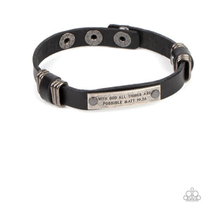 MAKE IT POSSIBLE - BLACK LEATHER "WITH GOD ALL THINGS ARE POSSIBLE, MATT 19:26" SILVER ACCENT BRACELET