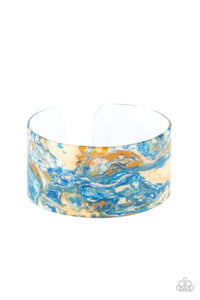 Marbled Mystique - Multi Color Blue Beige Acrylic Cuff Bracelet