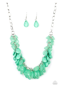 Colorfully Clustered - Green - Minty Teardrop Beads - Silver Chain Necklace & Earrings