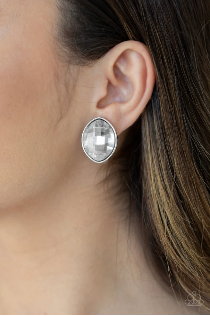 Movie Star Sparkle - White Gem - Silver post earrings